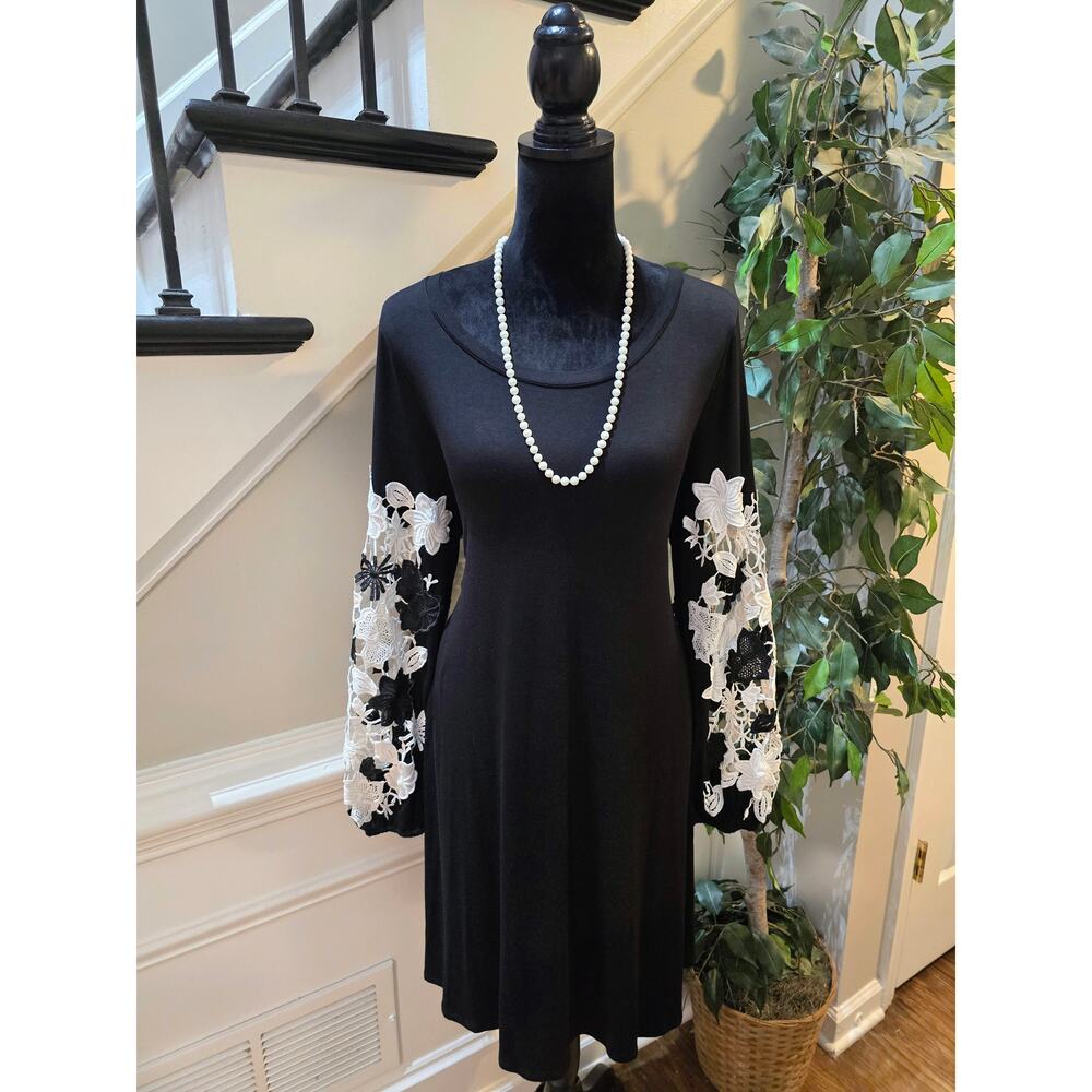 Spense T-Shirt Dress XL Black Floral Crochet Lace Scoop Balloon Sleeve Casual